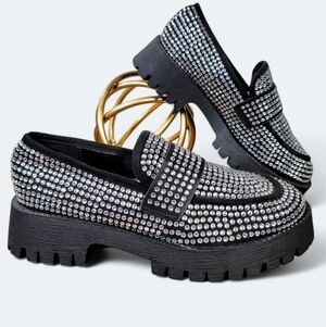 Bamboo Chunky Black Loafers Covered in Rhinestones Platform Lug Soles Size 6.5